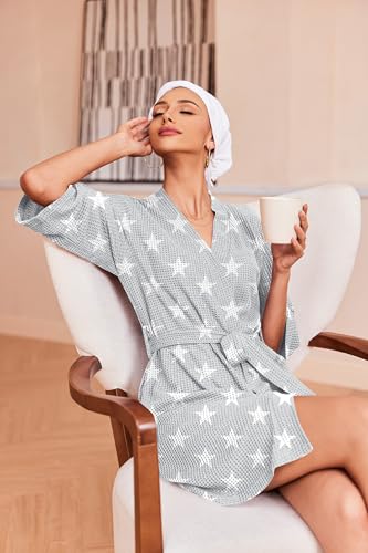 Image of Ekouaer Robes for Women Waffle Knit Bathrobe Soft Lightweight Knee Length Loungewear S-XXL