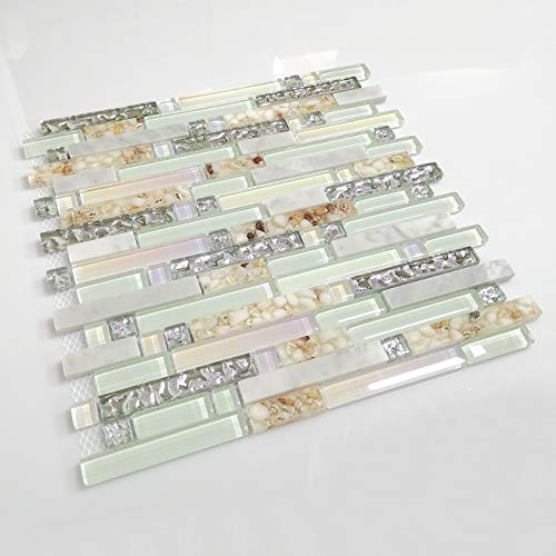 Beach Style Wall Tile Mosaic Kitchen Backsplash Tiles Green Bathroom Silver Glass Conch Stone White Marble Iridescent Mosaic Art Deco Sheets [Pack of 11PCS(12.4x11.8x0.31 Inches/each)] - Thumbnail 2