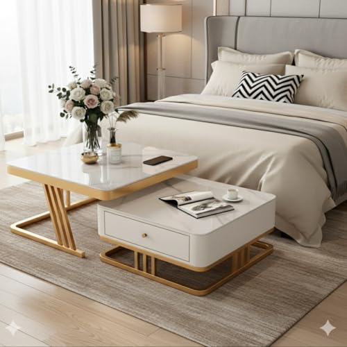 Image of Handmade Drawer Square 20 inchx20 inch Coffee Table /Nesting Table /Side Table /Center Table with Marble Finish Top for Living Room /Drawing Room (White & Gold)