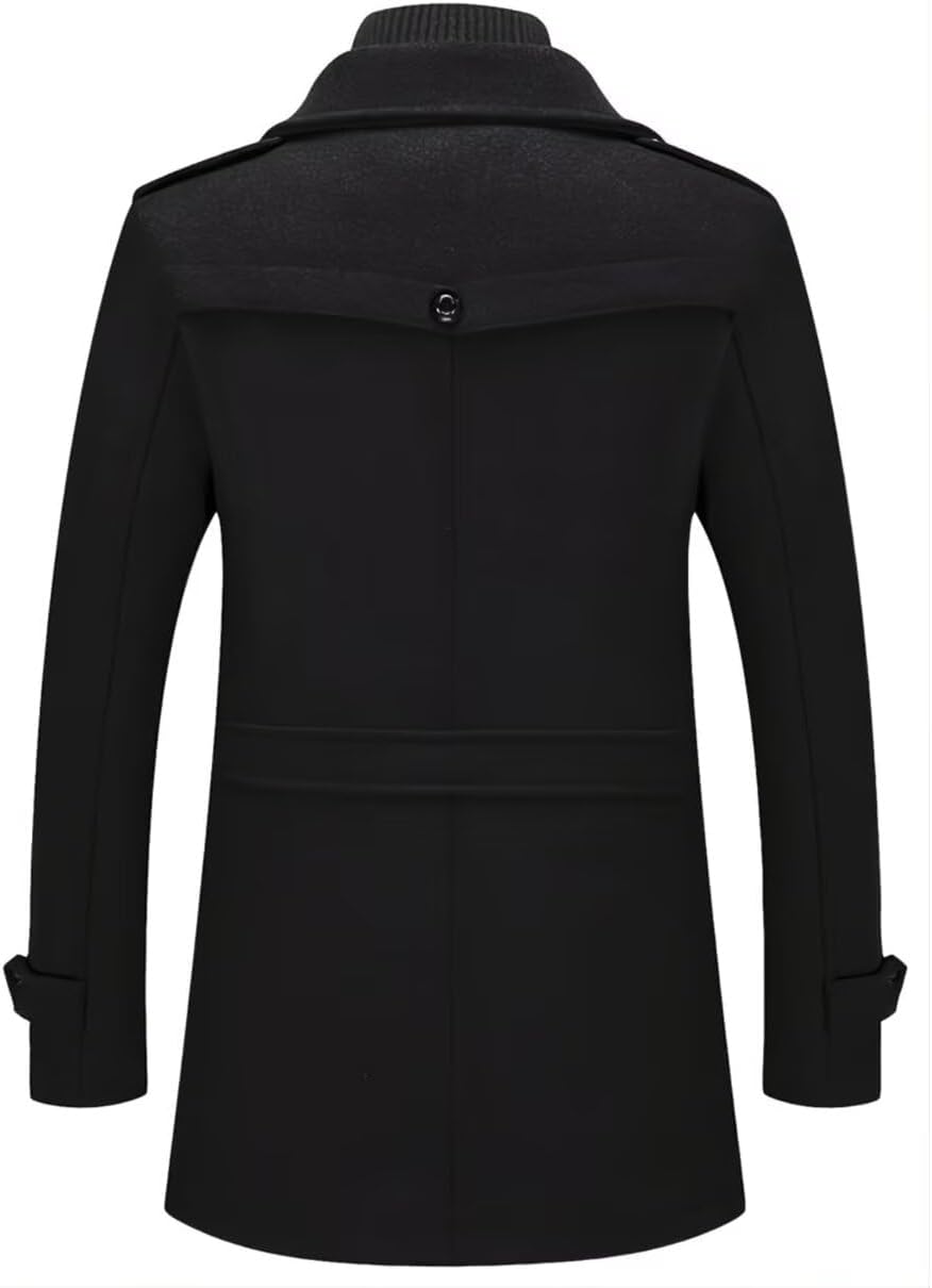 INVACHI Men's Trench Coat Wool Blend Single Breasted Peacoat Thermal Business Winter Coat with Removeable Collar - Image 2