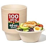 hooray mida 48 OZ [100 Pack] Heavy Duty Compostable Salad Bowls - 100% Sugarcane Fiber, Microwave Safe - Large Disposable Bowls for Soup, Salad, Ramen, Popcorn