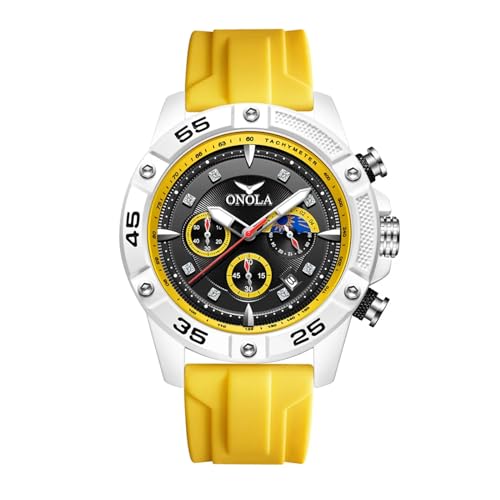 FORSINING Modische Herren-Armbanduhr, Chronograph, lässig, Sport, Quarzuhren, Silikonarmband, Mondphasen-Design, großes Zifferblatt, analog, Datum, gelb, Armband