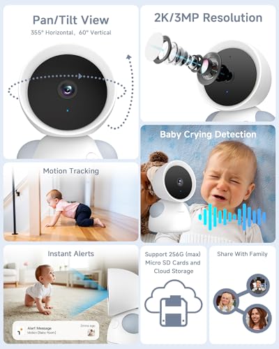 Image of ARENTI Baby Monitor, 2K /3MP WiFi 6 Camera and Audio, 5-inch Wireless Screen, Smartphone App, Super Night Vision, Crying Detection, Auto Tracking, Temp&Humidity Sensor, Cloud&SD Card Storage (D3 Kit)