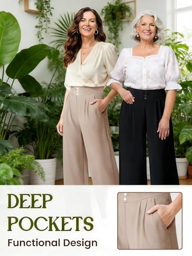 Image of Womens 2026 Spring Summer Soft Flowy High-Waist Pull-On Wide-Leg Stretch Drape Dress Pants for Senior Women Over 50