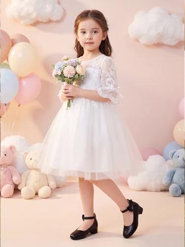 Image of Coutgo Girls Dress Shoes Flower Girl Bow Chunky Heels Closed Toe Ankle Strap Pumps Wedding Party Princess Shoes