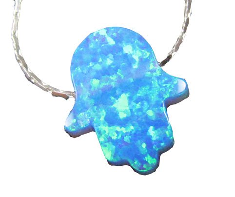 Blue Opal Hamsa Luck Hand Necklace with 925 Sterling Silver Chain - Length 18inch