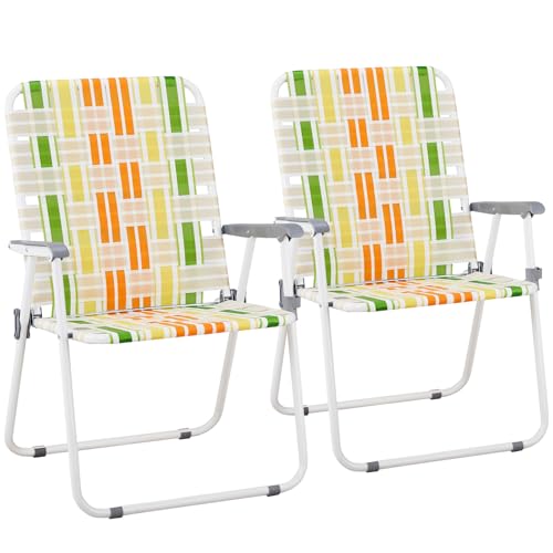 UDeuxff Folding Webbed Oversized Lawn Chairs Set of 2 260 LBS High Beach Chair for Adults Heavy Duty Portable Patio Chair for Yard Garden (Green)