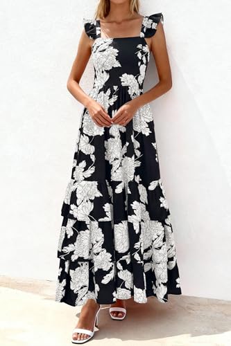 dowerme Women Summer Ruffle Straps Smocked A-Line Boho Floral Maxi Dress - image 6