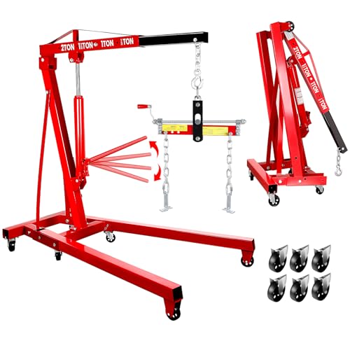 POWKOL 5500 Lbs Folding Engine Hoist with Load Leveler, 2.5 Ton Cherry Picker Engine Hoist with 6 Casters, 8 Ton Hydraulic Pump 4 Adjustable Position, Cherry Picker for Garage, Workshop, Repair