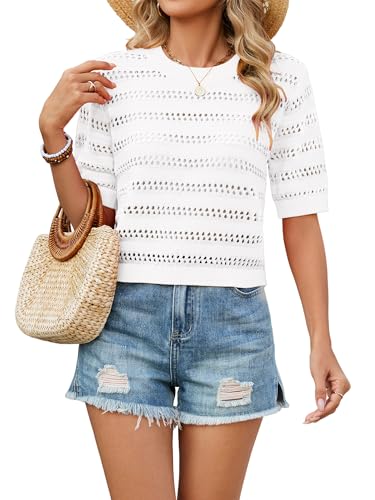 Bellcoco Crochet Tops for Women Spring Summer Short Sleeve Pullover Sweaters Crop Top Vacation Outfits Beach Cover Ups Cute Hollow Out Fashion Clothes White Medium
