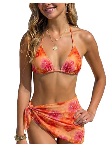 Image of SOLY HUX Girl's Summer Swimsuit Set Floral Halter Triangle Bikini Set with Wrap Skirts Beachwear