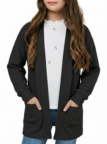 Image of Girls Open Front Cardigan Long Sleeve Casual Fall Winter Loose Knit Sweaters Coat with Pockets