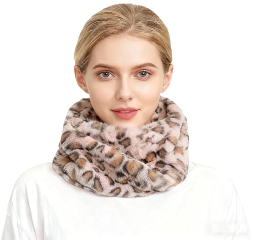 Lina & Lily Écharpe Tube Snood Femme Hiver en Fausse Fourrure (Léopard Rose)