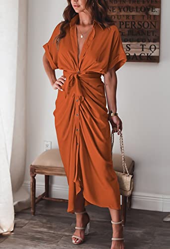 Women Elegant Satin Button Down Short Sleeve Maxi Shirt Dress with Belt3