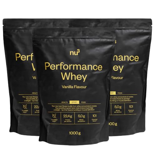 nu3 Performance Whey Protein Vanille 1kg – Eiweißpulver für Muskelaufbau, cremig, ohne Klümpchen, gelatinefrei, ohne Zuckerzusatz, kalorienfrei, löslich in Wasser & Milch, ideal für Sportler 3x1000 g