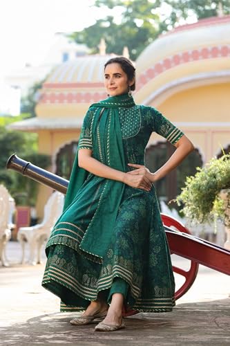 Image of GoSriKi Women's Rayon Blend Printed Anarkali Kurta with Pant & Dupatta