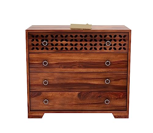 Image of SHIKHA WOOD CRAFT Solid Sheesham Wood Sideboard Cabinet Drawers and Door Storage | Multipurpose Wooden Chest of Drawers Furniture for Bedroom, Living Room, Home, and Office (Honey Finish- 4 Drawers)