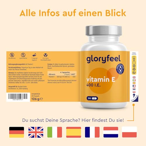 Vitamin E - 210 Kapseln - 400 IE bioaktives Vitamin E pro Kapsel - Hochdosiert für 7 Monate Versorgung - Laborgeprüft und in Deutschland hergestellt