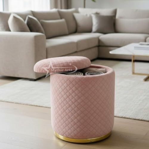 Image of Premium Round Storage Ottoman Stool 16 X 16X 19 inch, with Gold Metal Base | Luxury Pouffe with Hidden Storage | Cushioned Footrest for Living Room, Bedroom & Lounge Pink