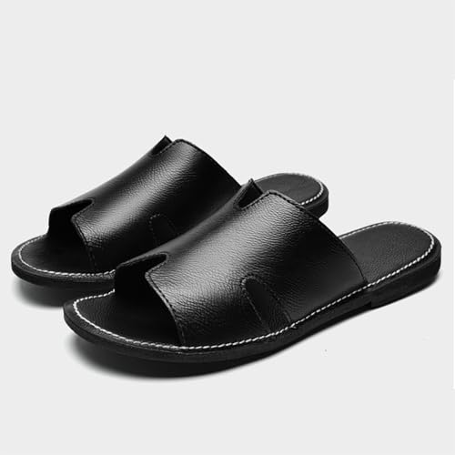 Image of Men's Genuine Leather Flat Slides Sandals Summer Classic Round Open Toe Slip On Softsole Male Sandals for Beach Walking Slides