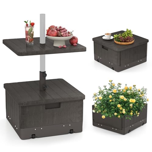 RELAX4LIFE Base de Parasol avec Table Basse Carrée 3-en-1, Pied de Parasol en Métal, Table d'appoint avec Trou pour Parasol, Remplissable d'eau 45L et de...