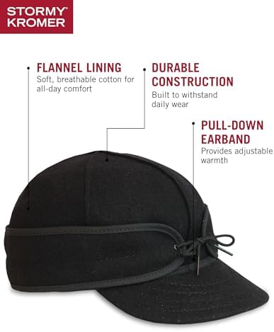 Stormy Kromer The Original Cap, Wool Blend Hat, Winter Warm Outdoor Cap for Men, Women, with Cotton Flannel Lining, Earflaps, Classic Cold Weather Gift, Black, 8