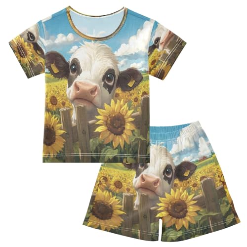 ALAZA Milk Cow Sunflower Blossom Pajamas Set Short Sleeve Cotton Sleepwear Summer Pjs 2 Piece 5-14Y