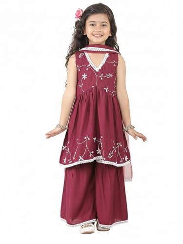 Superminis Girls Silk Blend Embroidery Work Sleeveless Flared Kurti Sharara With Dupatta Set (12-18 Months, Wine)