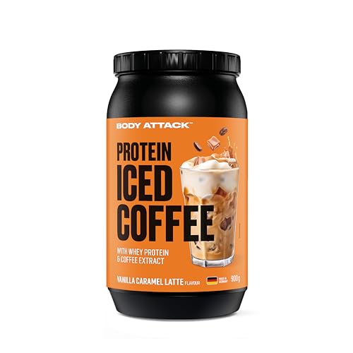 Body Attack Protein Iced Coffee Vanilla Caramel Latte, 900 g - Whey Protein Pulver mit Kaffee Extrakt - Erfrischender Proteinshake mit Instantkaffee und Kakao - Mit Koffein, Made in Germany