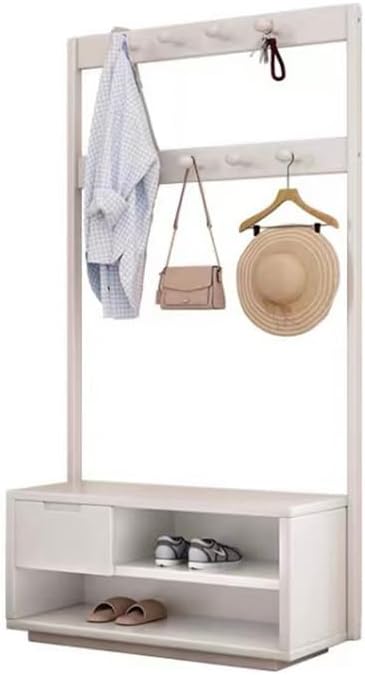 LITFAD 4-In-1 Coat Rack Solid Wooden Entryway Hall Tree with Shoe Bench 71 Inch Freestanding Clothing Rack with Hanging Hooks and Drawer for Hallway, Living Room, Bedroom-39.5"L x 14"W x 71"H,White