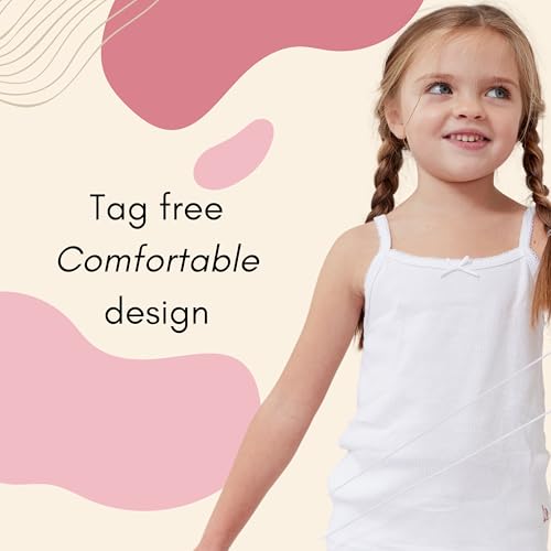 Feathers Girls Solid White Snug Fit Tagless Cami Vest - 100% Cotton Super Soft Undershirts (3/Pack)3