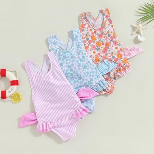 Image of Toddler Kids Girl One Piece Swimsuit Floral Sleeveless Backless Swimwear Bowknot Ruffled Bathing Suit Beachwear