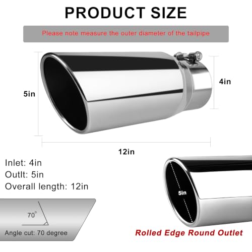 Image of 4 inch Inlet Exhaust Tip, 5 inch Outlet 12 inch Length Rolled Angle Cut Bolt-On