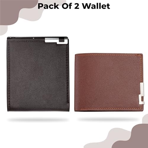 Image of Kraptick Men's Premium Textured Leather Wallet Bifold with Metal Accent Slim Travel Purse with Multi-Card Slots & Currency Compartment Ideal Gift for Men (Pack of 2) (Black & Brown)