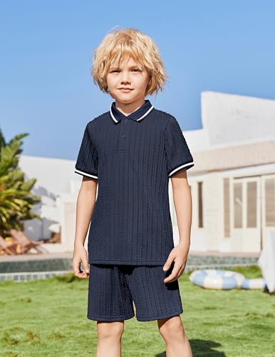Image of Arshiner Boys 2 Piece Outfits Button Polo Shirt & Elastic Shorts 4-13 Years