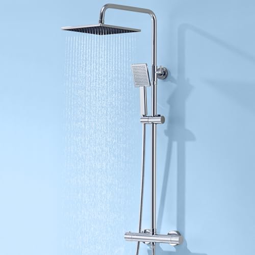 Auralum Thermostat-Duscharmatur komplettset mit Verbrühschutz, Duschsystem mit Regendusche, Duschgarnitur mit 25x25cm Regendusche, Duschkopf, Edelstahl-Duschstange & Schlauch, Duscharmatur Set Chrom