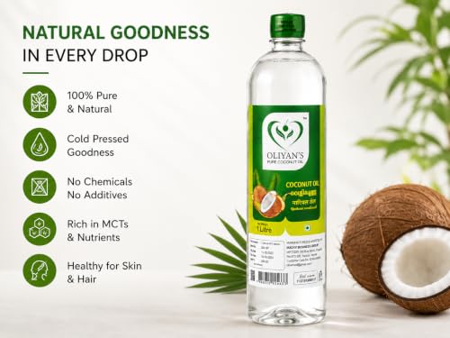Image of OLIYAN'S Pure Coconut oil | 1 Liter | 100% Pure & Natural | Pure and Fresh Fragrance | Organic Coconut Oil for Cooking, Skin, and Hair - Versatile, Natural, and Nourishing