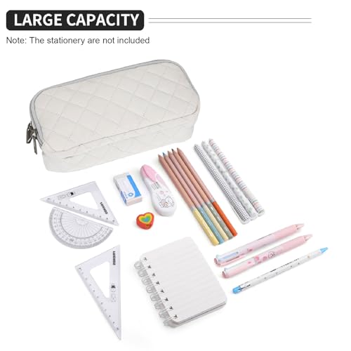 Image of Della Gao Pencil Case Large Capacity Pencil Pouch Soft Quilted Pen Bag Office Stationery Organizer Sturdy Pencil Bag for Men Women - Beige