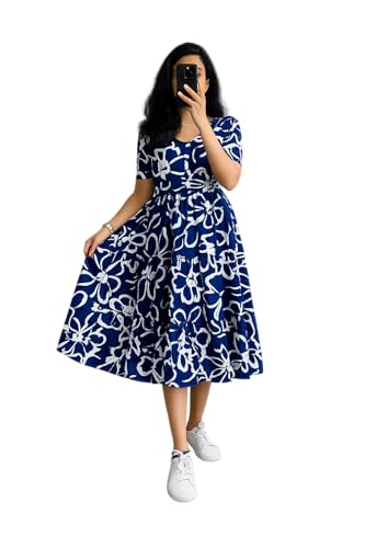 Image of Women's Rayon Floral Printed Midi Dress | Casual Fit & Flare One Piece Dress for Women | Stylish Short Sleeve Western Dress