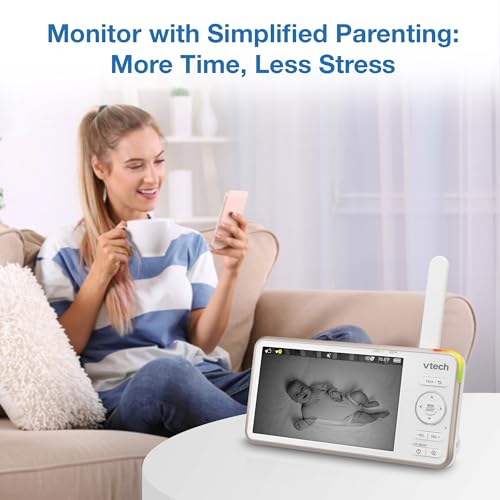 VTech V-Care VC2105 1080p FHD Over-The Crib Mount Smart Baby Monitor 5” 720p LCD Screen,Table Stand,Remote Access,Versatile Placement,Intelligence Detection, Sleep Analysis,18hrs Recording,with WiFi