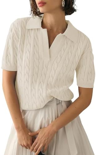 Women's Short Sleeve Sweaters V Neck Pullover Summer Tops Casual Solid Lapel Shirts Cable Knit Sweater