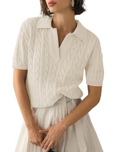 Women's Short Sleeve Pullover Sweaters Casual 2025 Summer Tops Cable Knit Solid Lapel V Neck Sweater