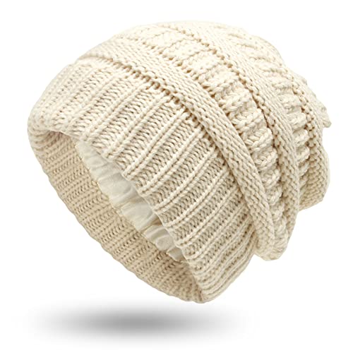 Ciamlir Chapeau Homme Bonnet en Tricot d'hiver pour Femmes Doublure en Satin De Soie Bonnet Chunky Doux Stretch Câble Tricot Chaud Tout-Allumette Slouchy Chapeau De Sport,Beige,Taille Unique