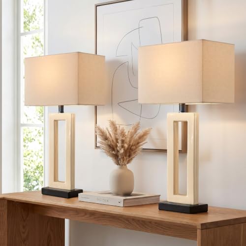 Image of 22 inch Modern Ceramic Table Lamps Set of 2, Cream Crackle Glaze Hollow Bedside Lamps with Linen Shade, 5ft Cord Rotary Switch E26 Base Nightstand Lamps for Bedroom Living Room Entryway Decor