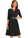 Allegra K Women's V Neckline Dress Pockets Office Work Wear Elegant Dresses with Belt Medium Black