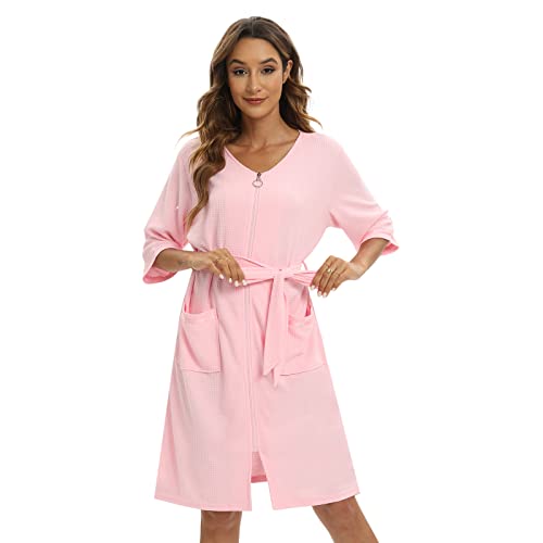Women Zipper Robe Half Sleeve Housecoat Cotton Waffle Knit Robe Zip Up Bathrobes Short Nightgown Loungewear With Pockets #TOP1