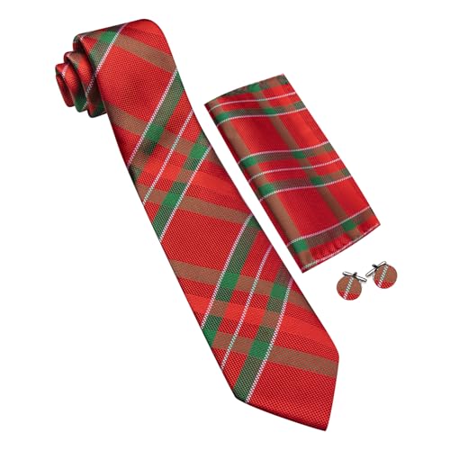 Image of Barry.Wang Plaid Ties Check Mens Necktie Set with Handkerchief Cufflinks Classic Stripe