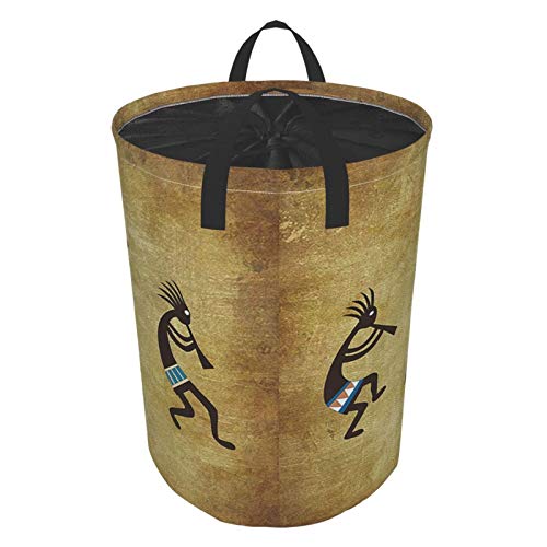 Janrely Large Round Storage Basket With Handles,Southwestern Southwest Native American Kokopelli Pattern,Waterproof Coating Organizer Bin Laundry Hamper For Nursery Clothes Toys 21.5"X 16.5" #TOP2