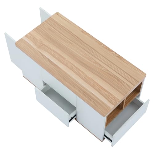 Hebbarer Multifunktions-Couchtisch - Tischplatte öffnet Sich zu 2 Tischen, Zwei Schubladen, Weiß + Originalholzfarbe, große Kapazität, Büro-Esstisch Freizeittisch Multifunktionstisch – Bild 5