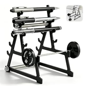 Metal Squat Rack Pen Holder with 8 Slots – Mini Barbell & Weight Blocks, Funny Desk Decor for Men Women, Cool Office Desk Accessories, Unique Pen Holder Gift for Gym Lovers Fitness Enthusiasts (Black)